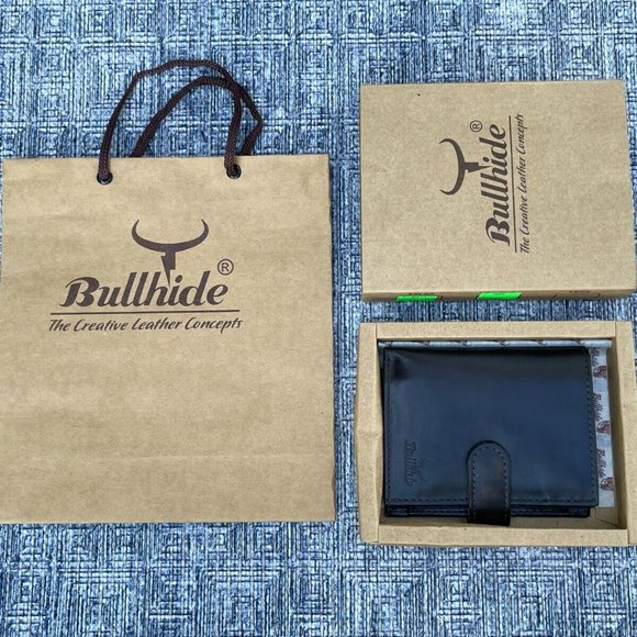 Leather Card Holder Wallet Dark Brown Genuine Leather Men Billfold Box n Bag - Picture 1 of 12